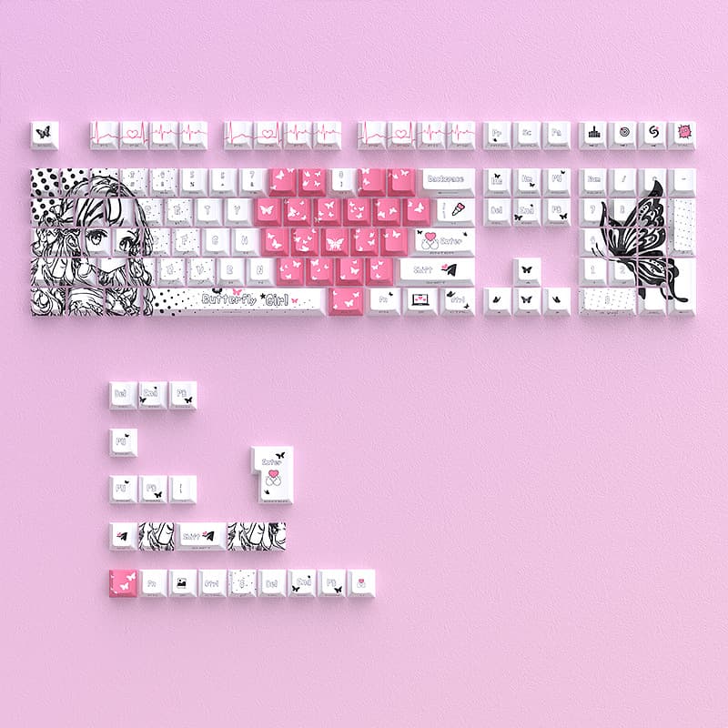 Keycap Butterfly girl hồng trắng xuyên led side print cherry profile - pbt - chủ đề wibu cao cấp